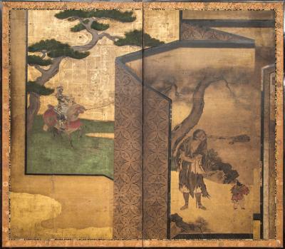 Japanese Two Panel Screen Painting of Three Screens