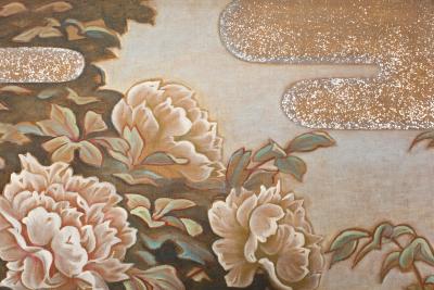 Japanese Two Panel Screen Peonies In the Mist