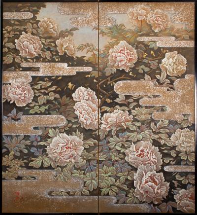 Japanese Two Panel Screen Peonies In the Mist