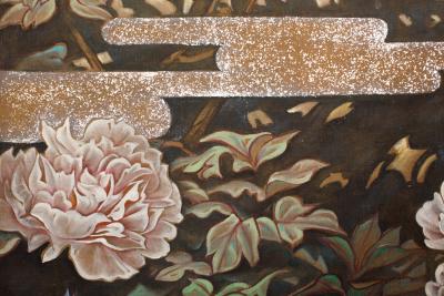 Japanese Two Panel Screen Peonies In the Mist