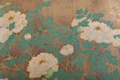 Japanese Two Panel Screen Peony Wisteria Cherry and Bamboo on Soft Silver