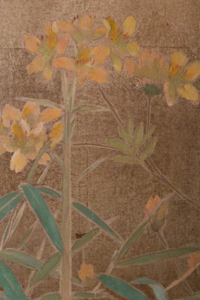 Japanese Two Panel Screen Peony Wisteria Cherry and Bamboo on Soft Silver