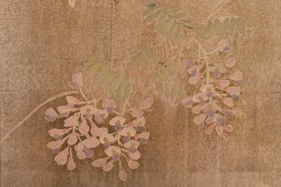 Japanese Two Panel Screen Peony Wisteria Cherry and Bamboo on Soft Silver