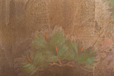 Japanese Two Panel Screen Peony Wisteria Cherry and Bamboo on Soft Silver