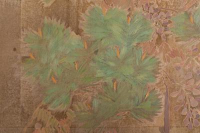 Japanese Two Panel Screen Peony Wisteria Cherry and Bamboo on Soft Silver