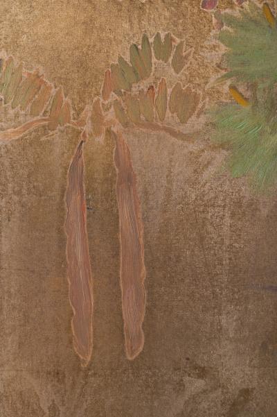 Japanese Two Panel Screen Peony Wisteria Cherry and Bamboo on Soft Silver