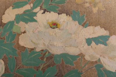 Japanese Two Panel Screen Peony Wisteria Cherry and Bamboo on Soft Silver