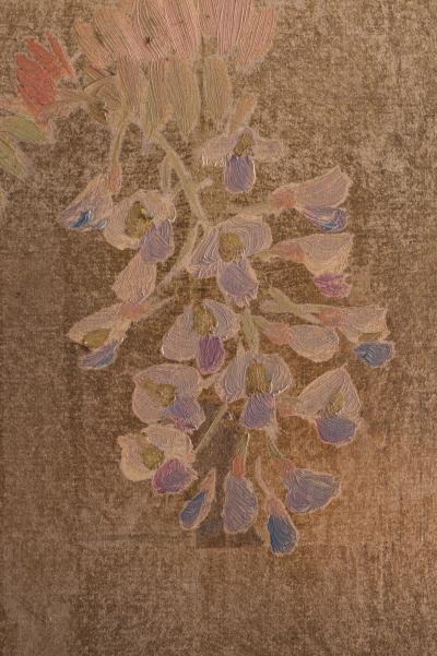 Japanese Two Panel Screen Peony Wisteria Cherry and Bamboo on Soft Silver