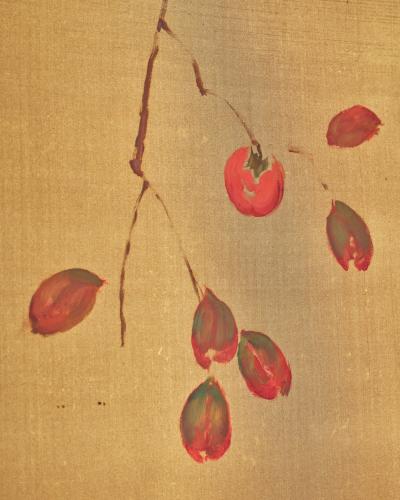 Japanese Two Panel Screen Persimmon on Gold Silk