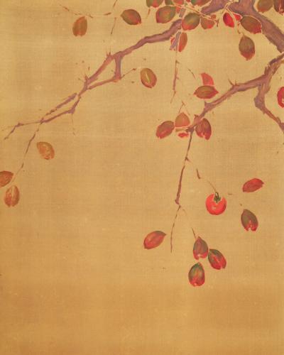 Japanese Two Panel Screen Persimmon on Gold Silk
