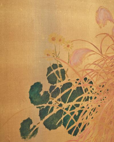 Japanese Two Panel Screen Persimmon on Gold Silk