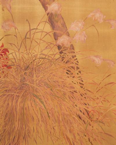 Japanese Two Panel Screen Persimmon on Gold Silk