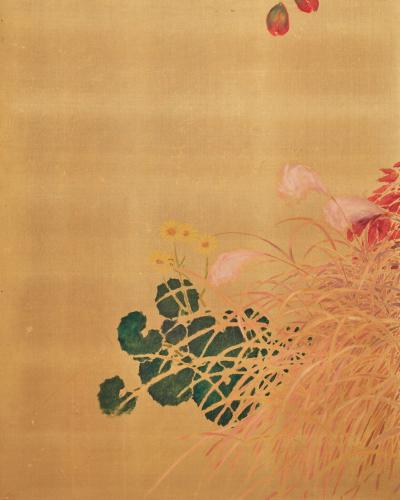 Japanese Two Panel Screen Persimmon on Gold Silk