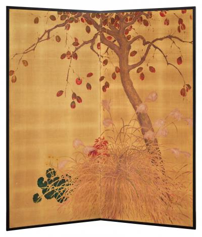 Japanese Two Panel Screen Persimmon on Gold Silk