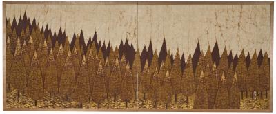 Japanese Two Panel Screen Pine Grove