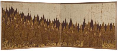 Japanese Two Panel Screen Pine Grove