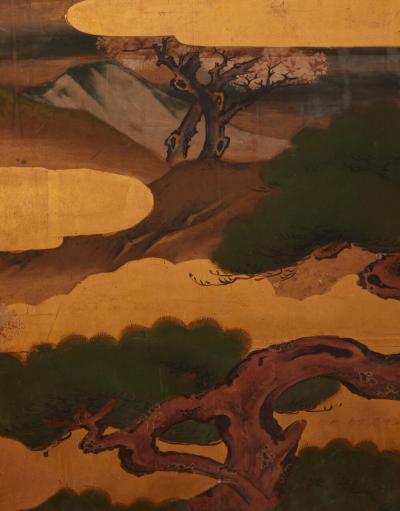 Japanese Two Panel Screen Pine and Cherry Landscape