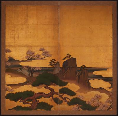 Japanese Two Panel Screen Pine and Cherry Landscape