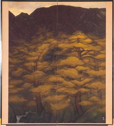 Japanese Two Panel Screen Pine and Mountain Landscape