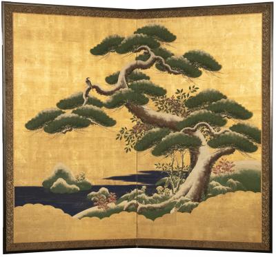 Japanese Two Panel Screen Pine in Snow