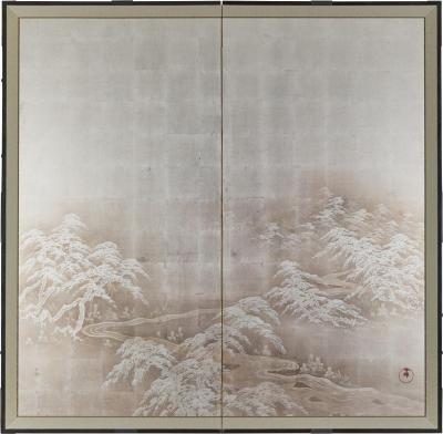 Japanese Two Panel Screen Pine in Winter