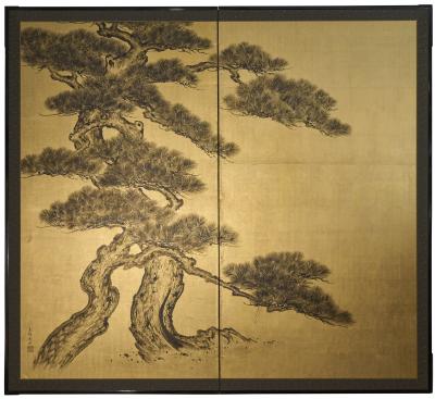 Japanese Two Panel Screen Pine on Gold