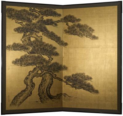Japanese Two Panel Screen Pine on Gold