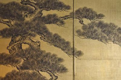 Japanese Two Panel Screen Pine on Gold