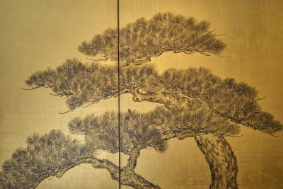 Japanese Two Panel Screen Pine on Gold
