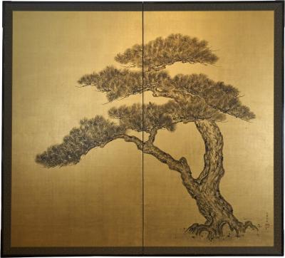 Japanese Two Panel Screen Pine on Gold