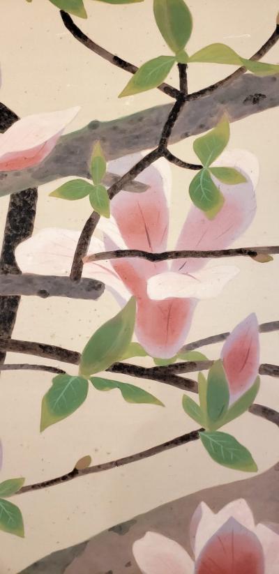 Japanese Two Panel Screen Pink and White Magnolias In Early Bloom