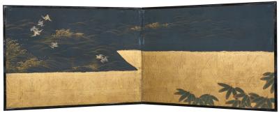 Japanese Two Panel Screen Plovers Over Waves