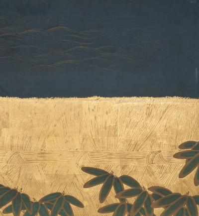Japanese Two Panel Screen Plovers Over Waves