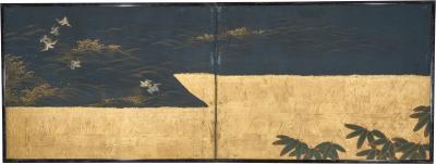 Japanese Two Panel Screen Plovers Over Waves