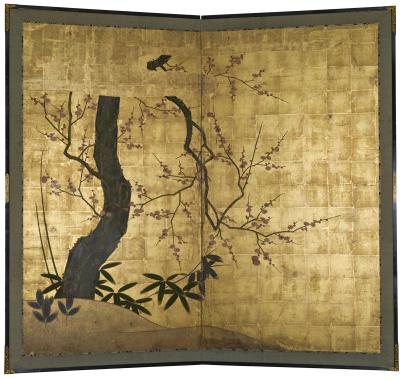Japanese Two Panel Screen Plum Blossom in the Mist