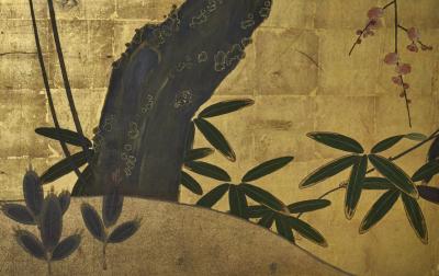 Japanese Two Panel Screen Plum Blossom in the Mist
