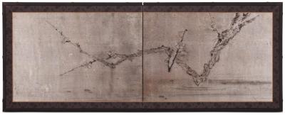 Japanese Two Panel Screen Plum Branch on Silver