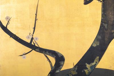 Japanese Two Panel Screen Plum on Gold Leaf
