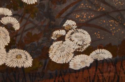 Japanese Two Panel Screen Red and White Chrysanthemums