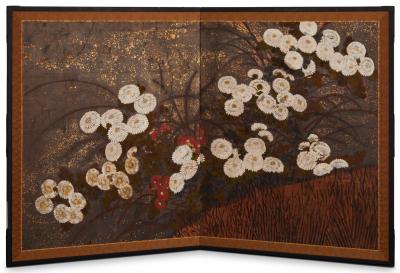 Japanese Two Panel Screen Red and White Chrysanthemums