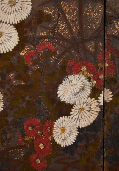 Japanese Two Panel Screen Red and White Chrysanthemums