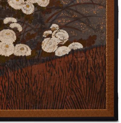 Japanese Two Panel Screen Red and White Chrysanthemums