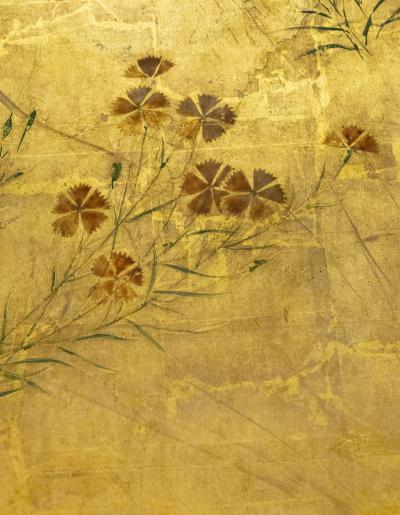 Japanese Two Panel Screen Rimpa Nadeshiko Flowers on Heavy Gold Leaf