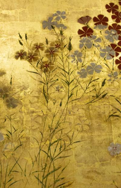 Japanese Two Panel Screen Rimpa Nadeshiko Flowers on Heavy Gold Leaf