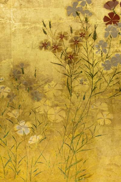 Japanese Two Panel Screen Rimpa Nadeshiko Flowers on Heavy Gold Leaf
