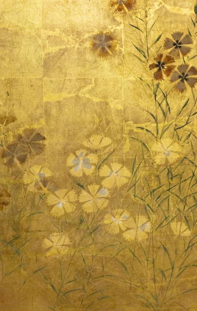 Japanese Two Panel Screen Rimpa Nadeshiko Flowers on Heavy Gold Leaf
