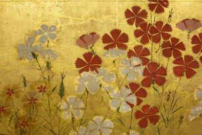 Japanese Two Panel Screen Rimpa Nadeshiko Flowers on Heavy Gold Leaf
