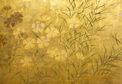 Japanese Two Panel Screen Rimpa Nadeshiko Flowers on Heavy Gold Leaf