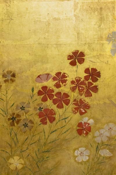 Japanese Two Panel Screen Rimpa Nadeshiko Flowers on Heavy Gold Leaf