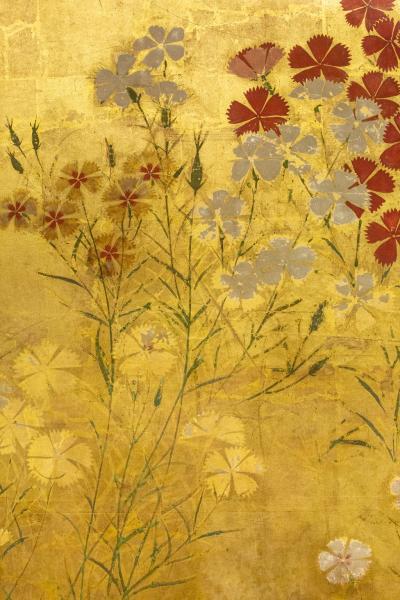 Japanese Two Panel Screen Rimpa Nadeshiko Flowers on Heavy Gold Leaf